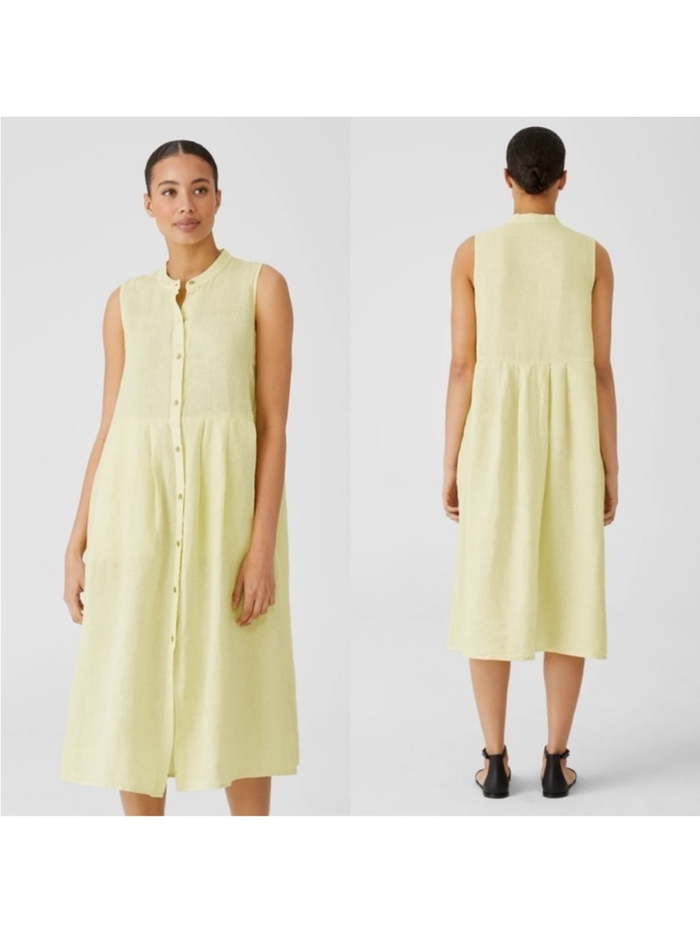 Eileen Fisher 100% organic linen button front yellow sleeveless dress